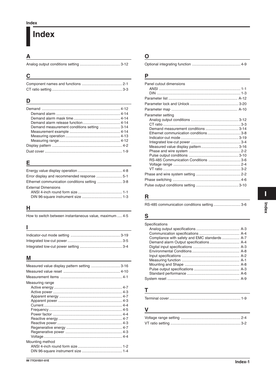 Index, External dimensions, Measuring range | Mounting method, Panel cutout dimensions, Parameter setting, Specifications | Yokogawa PR300 Power and Energy Meter User Manual | Page 74 / 76