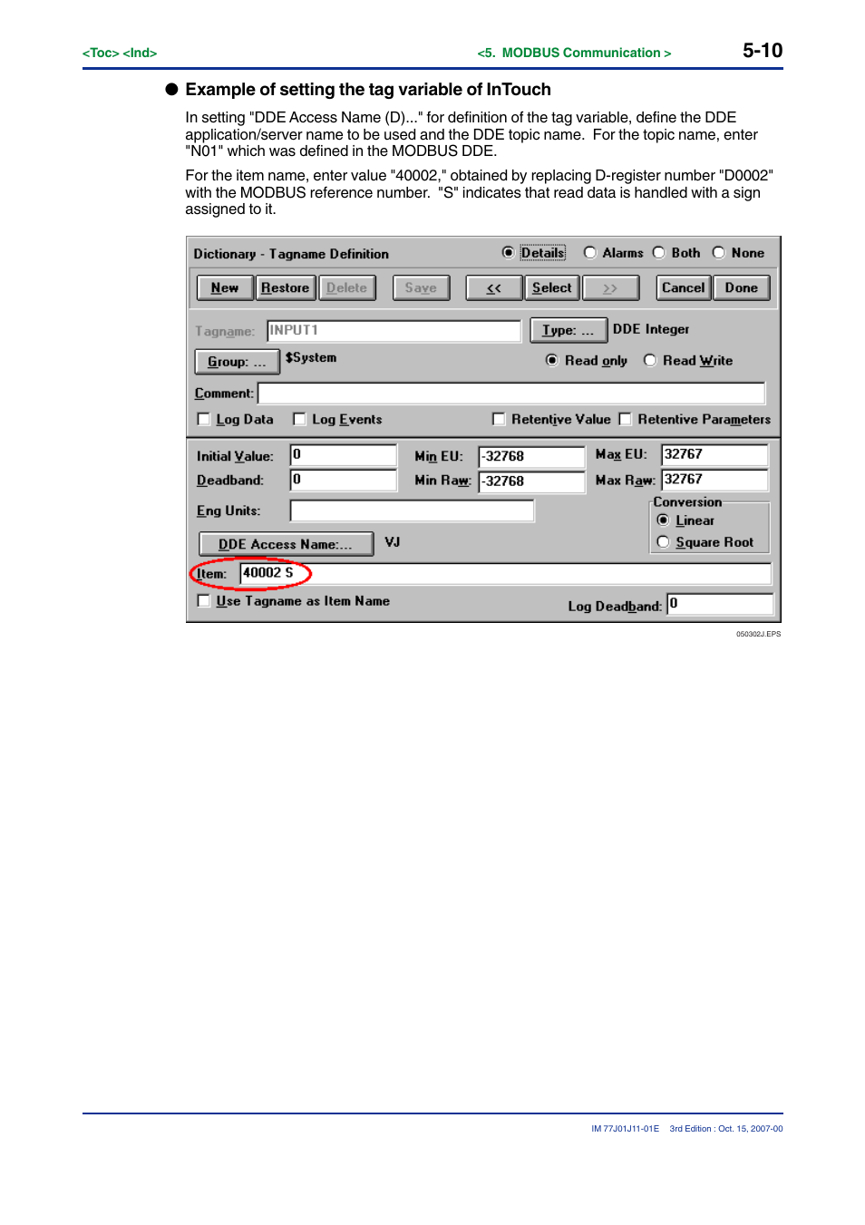 Example of setting the tag variable of intouch | Yokogawa JUXTA VJ Series Limit Alarms User Manual | Page 50 / 60