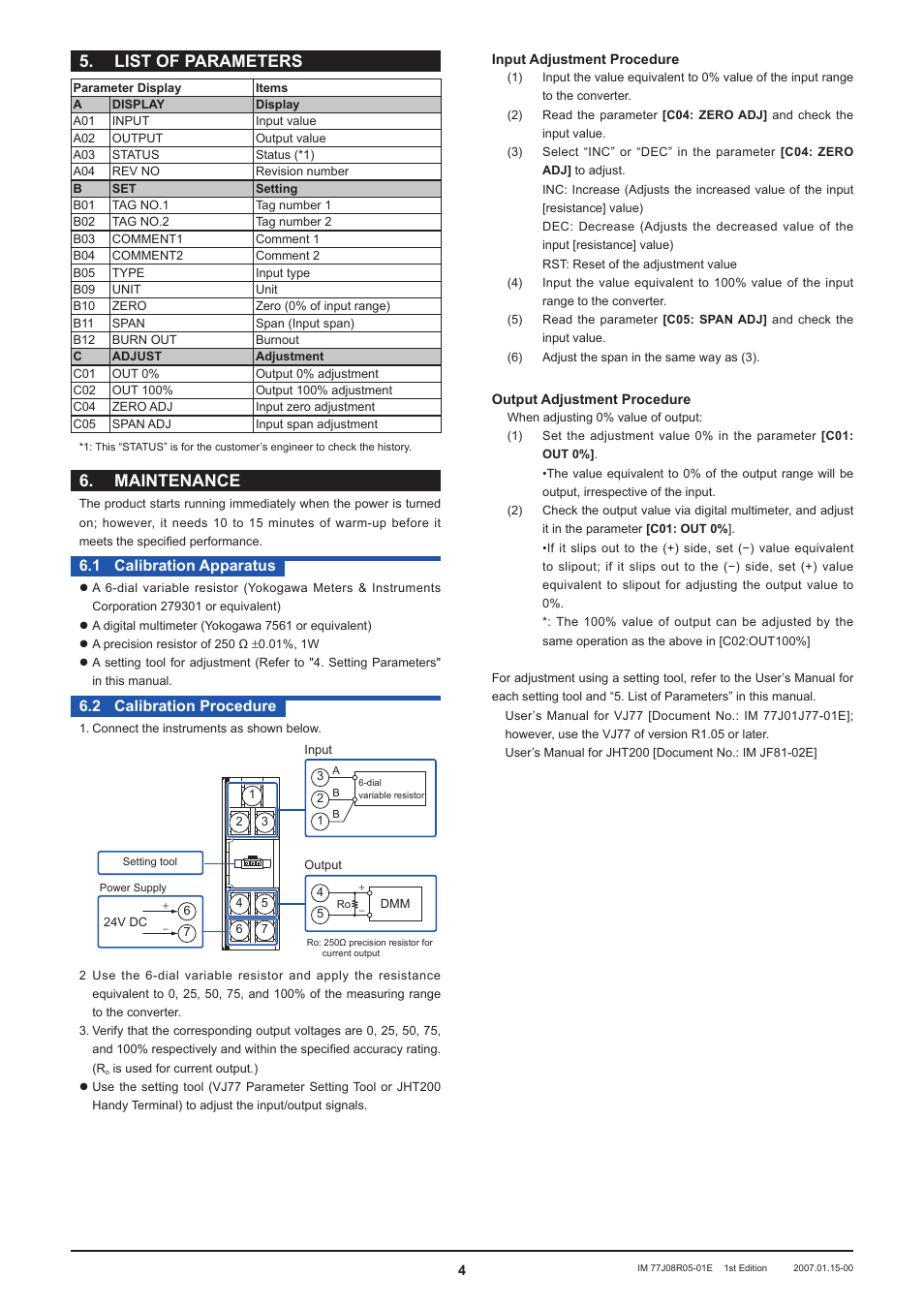 List of parameters, Maintenance,  calibration apparatus | 2 calibration procedure | Yokogawa JUXTA FR5V RTD Converter (Free Range Type) User Manual | Page 4 / 4