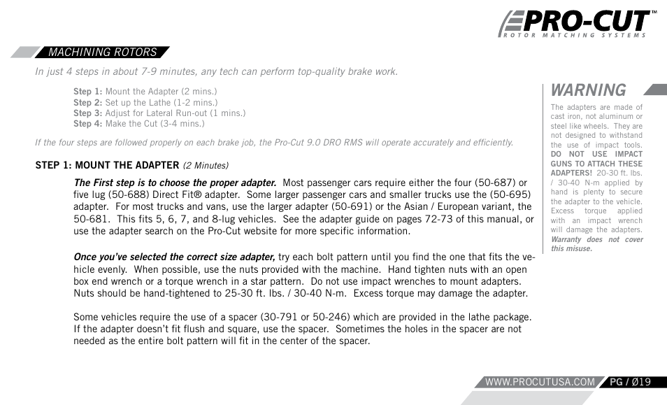 Warning | Pro-Cut PFM 9.0 User Manual | Page 19 / 52