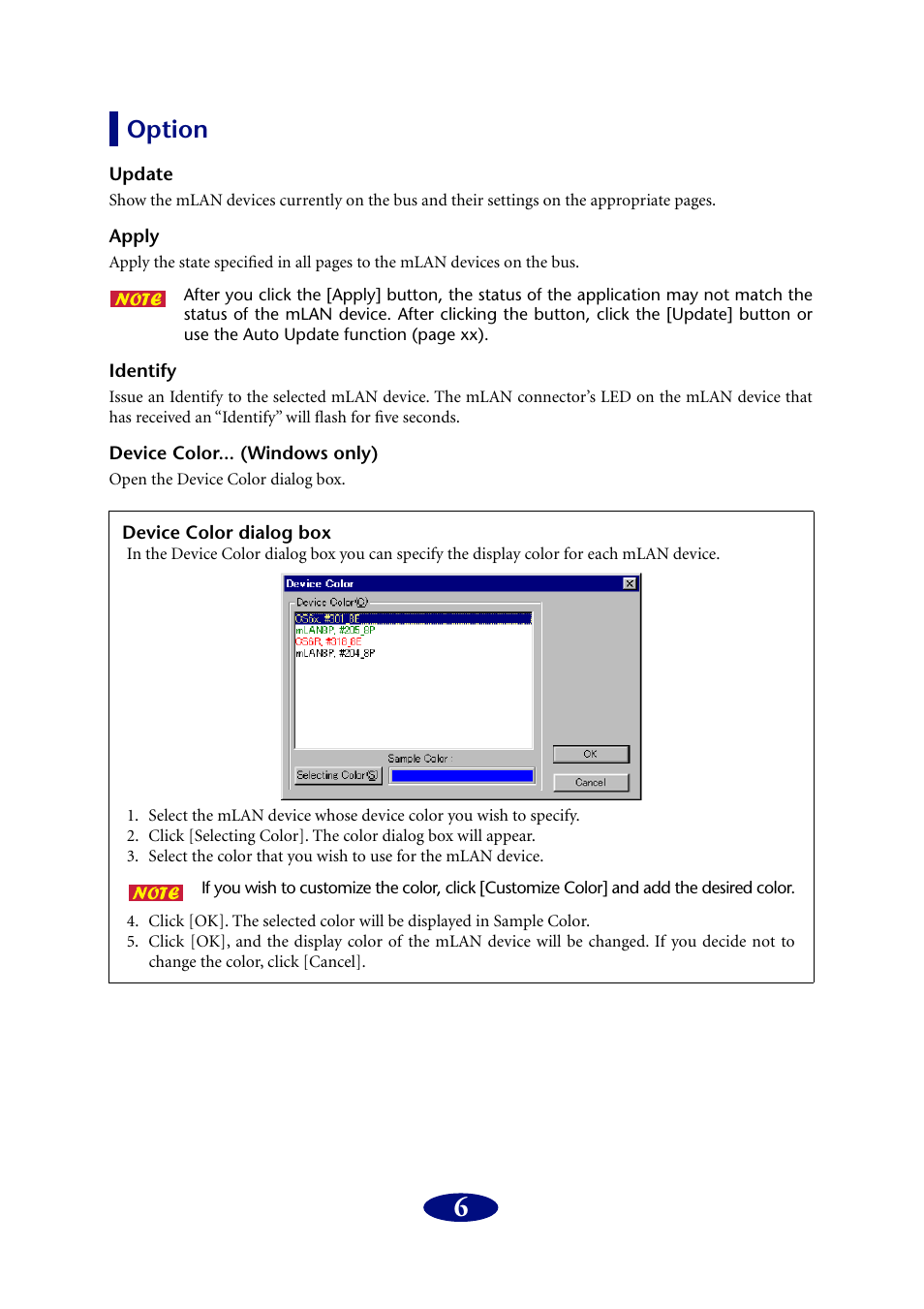 Option, Update, Apply | Identify, Device color... (windows only), Device color dialog box | PreSonus FIREstation User Manual | Page 6 / 17