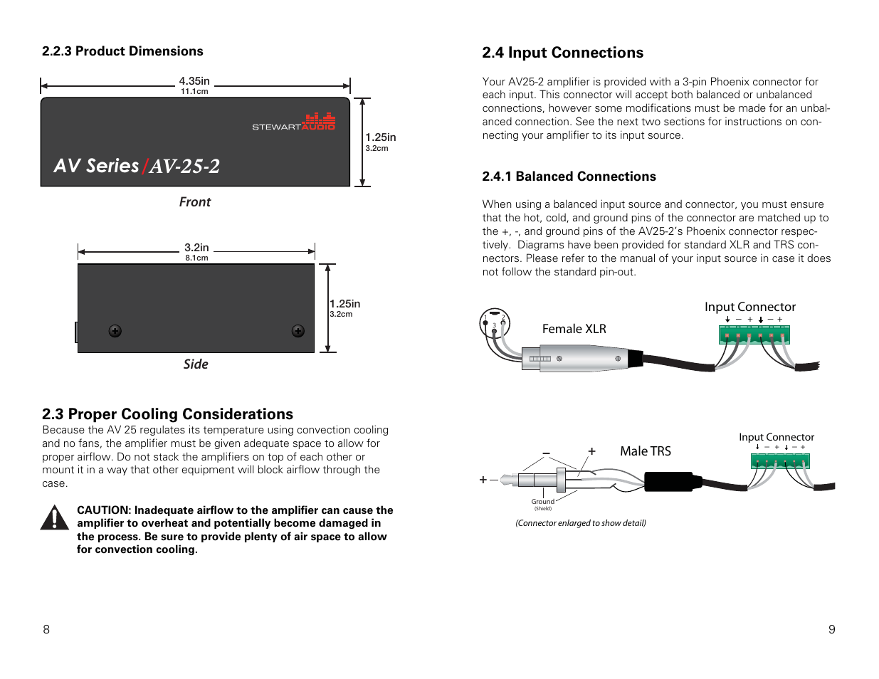 Av-25-2, Av series, 3 proper cooling considerations | 4 input connections | Stewart Audio AV25-2 User Manual | Page 5 / 10