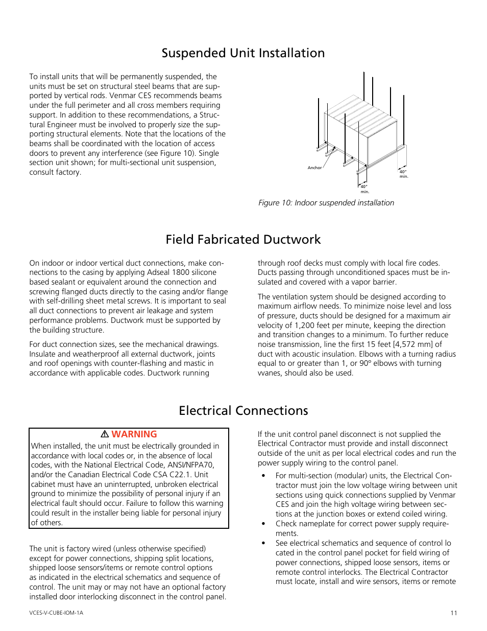 Suspended unit installation, Field fabricated ductwork, Electrical connections | Suspended.unit.installation, Field.fabricated.ductwork, Electrical.connections | Mammoth V-Cube User Manual | Page 11 / 52