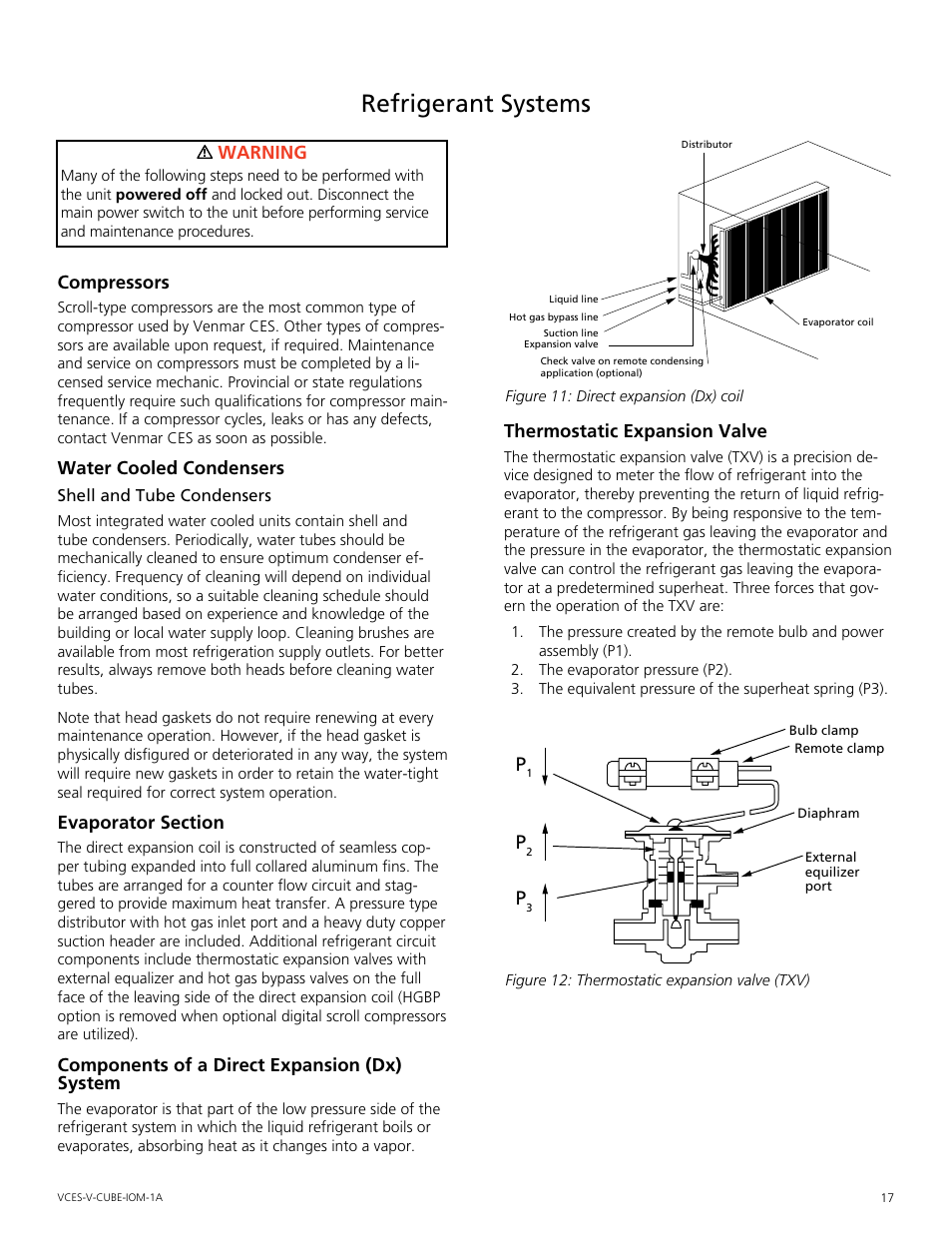 Refrigerant systems, Refrigerant.systems, Compressors | Water cooled condensers, Components of a direct expansion (dx) system, Thermostatic expansion valve, Warning | Mammoth V-Cube User Manual | Page 17 / 52