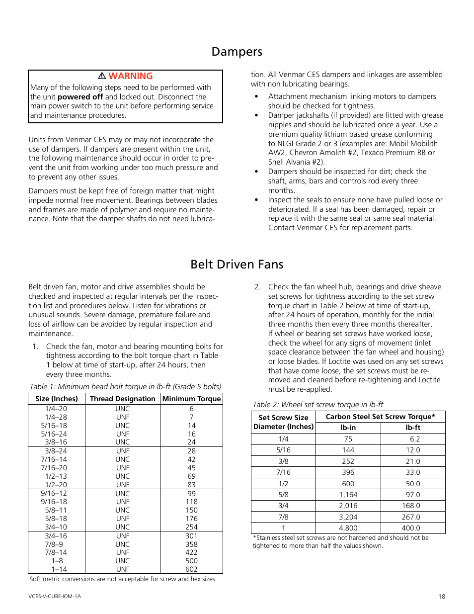 Dampers, Belt driven fans, Belt.driven.fans | Warning | Mammoth V-Cube User Manual | Page 18 / 52