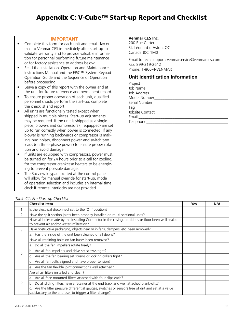Appendix c: v-cube™ start-up report and checklist, Appendix.c:.v-cube™.start-up.report.and.checklist, Appen | Dix c, Report and checklist in, Appendix c | Mammoth V-Cube User Manual | Page 33 / 52