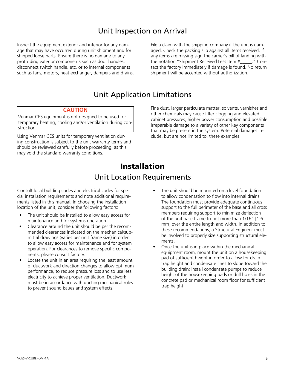 Unit inspection on arrival, Unit application limitations, Installation | Unit location requirements, Unit.inspection.on.arrival, Unit.application.limitations, Unit.location.requirements, Installation unit.location.requirements | Mammoth V-Cube User Manual | Page 5 / 52