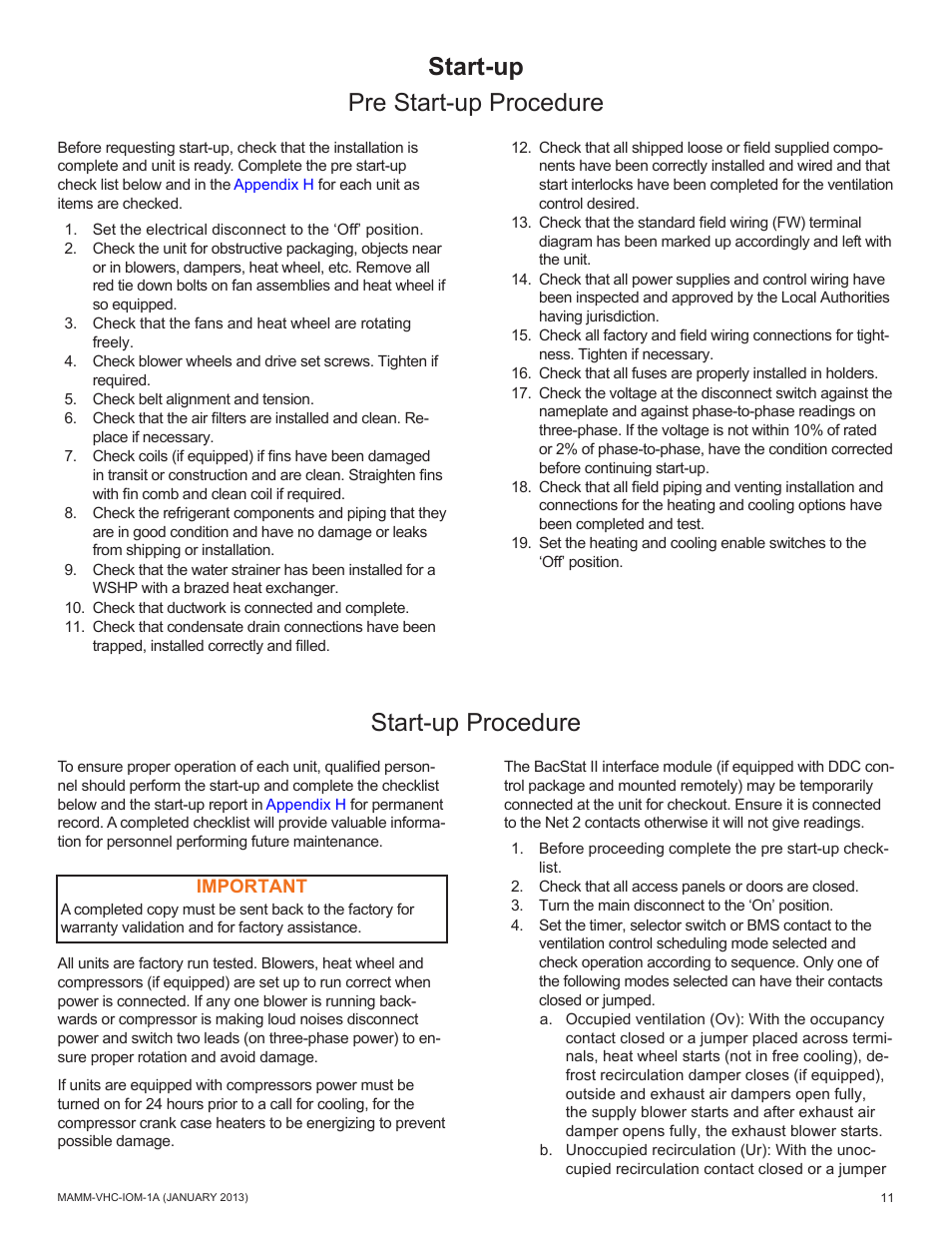 Start-up procedure, Start-up pre start-up procedure | Mammoth 800 to 5500 CFM: Dedicated Outdoor Air System with Enthalpy Wheels (VHC) User Manual | Page 11 / 48