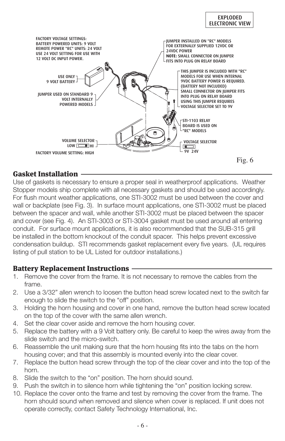 Fig. 6 gasket installation, Battery replacement instructions, Models with horn (sti-1100 series) | Side view, All models end view, Depth chart for sti stopper ii, View of relay contact, Exploded electronic view | STI 1102 User Manual | Page 6 / 8