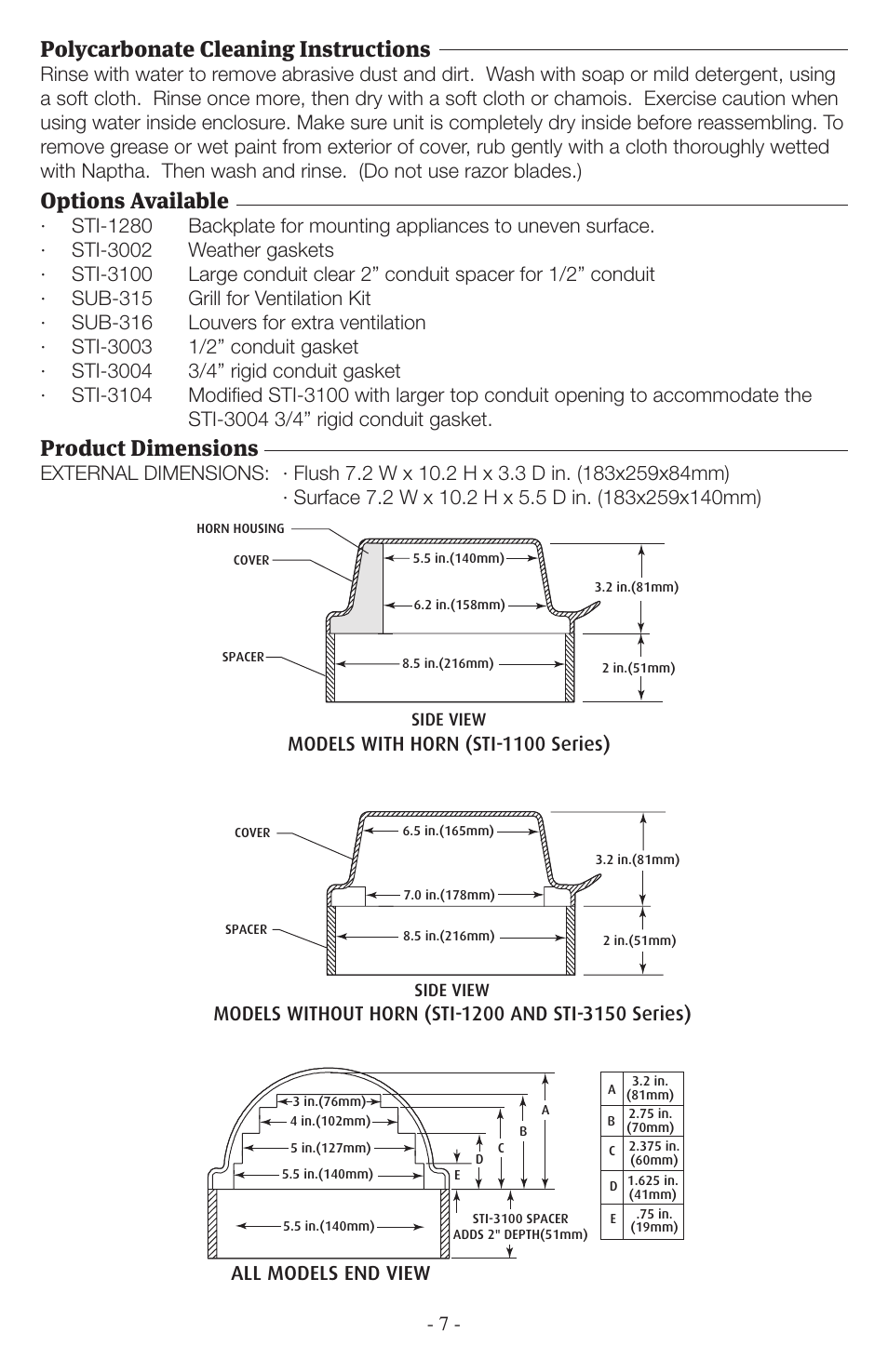 Polycarbonate cleaning instructions, Options available, Product dimensions | Models with horn (sti-1100 series), Side view, All models end view, Depth chart for sti stopper ii, View of relay contact, Exploded electronic view side view, Exploded electronic view | STI 1102 User Manual | Page 7 / 8