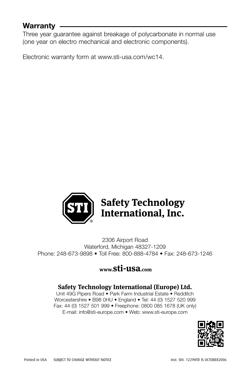 Sti-usa, Warranty | STI 1229HTR240 User Manual | Page 8 / 8