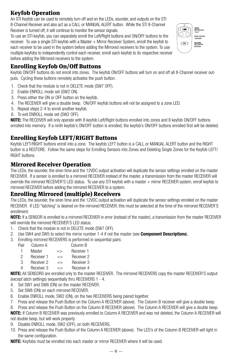 Mirrored receiver operation, Enrolling mirrored (multiple) receivers, Keyfob operation | Enrolling keyfob on/off buttons, Enrolling keyfob left/right buttons, Embossed programming instructions | STI 6200WIR8 User Manual | Page 6 / 8