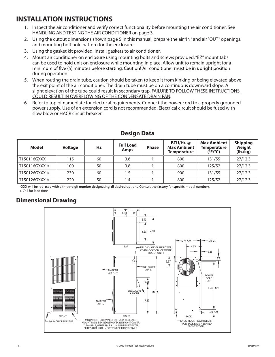 Installation instructions, Design data, Dimensional drawing | STI 18729 User Manual | Page 4 / 16
