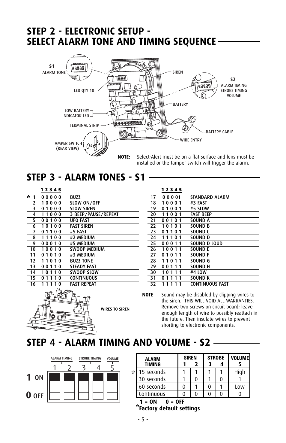 On off, Factory default settings, Volume strobe siren | STI 7555 User Manual | Page 5 / 8