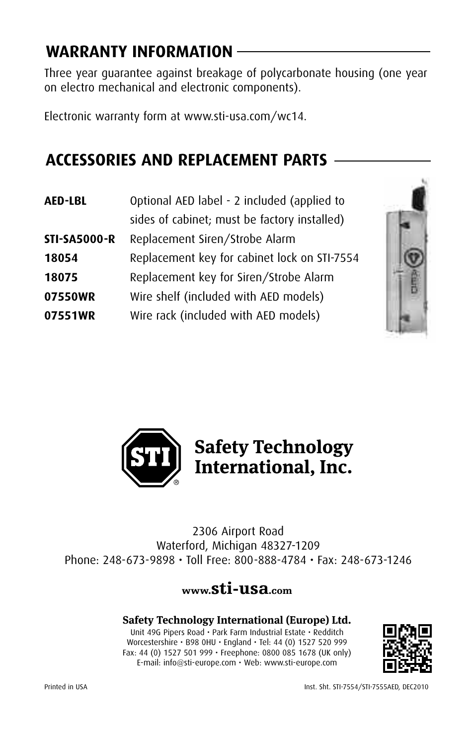 Accessories and replacement parts, Warranty information, Sti-usa | STI 7555 User Manual | Page 8 / 8