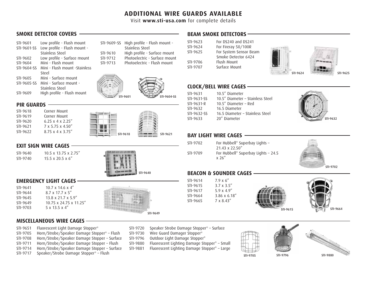 Additional wire guards available, Smoke detector covers, Beam smoke detectors | Pir guards, Clock/bell wire cages, Exit sign wire cages, Bay light wire cages, Miscellaneous wire cages, Emergency light cages, Beacon & sounder cages | STI 9649 User Manual | Page 2 / 2