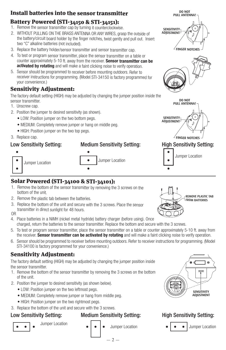 Install batteries into the sensor transmitter, Sensitivity adjustment, Low sensitivity setting | Medium sensitivity setting, High sensitivity setting, Jumper location | STI 34159 User Manual | Page 2 / 4