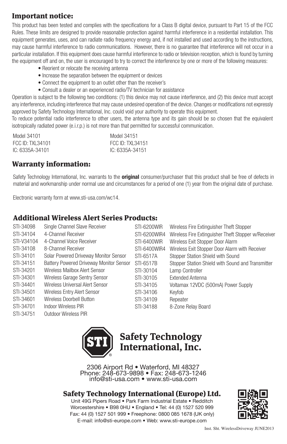 Important notice, Warranty information, Additional wireless alert series products | Safety technology international (europe) ltd | STI 34159 User Manual | Page 4 / 4