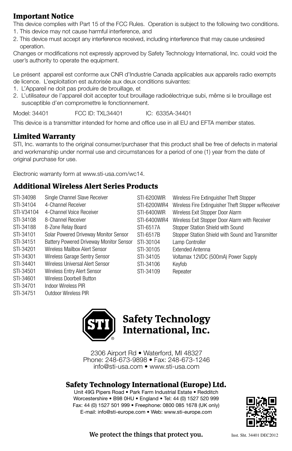 Limited warranty, Important notice, Additional wireless alert series products | Safety technology international (europe) ltd | STI 34409 User Manual | Page 4 / 4