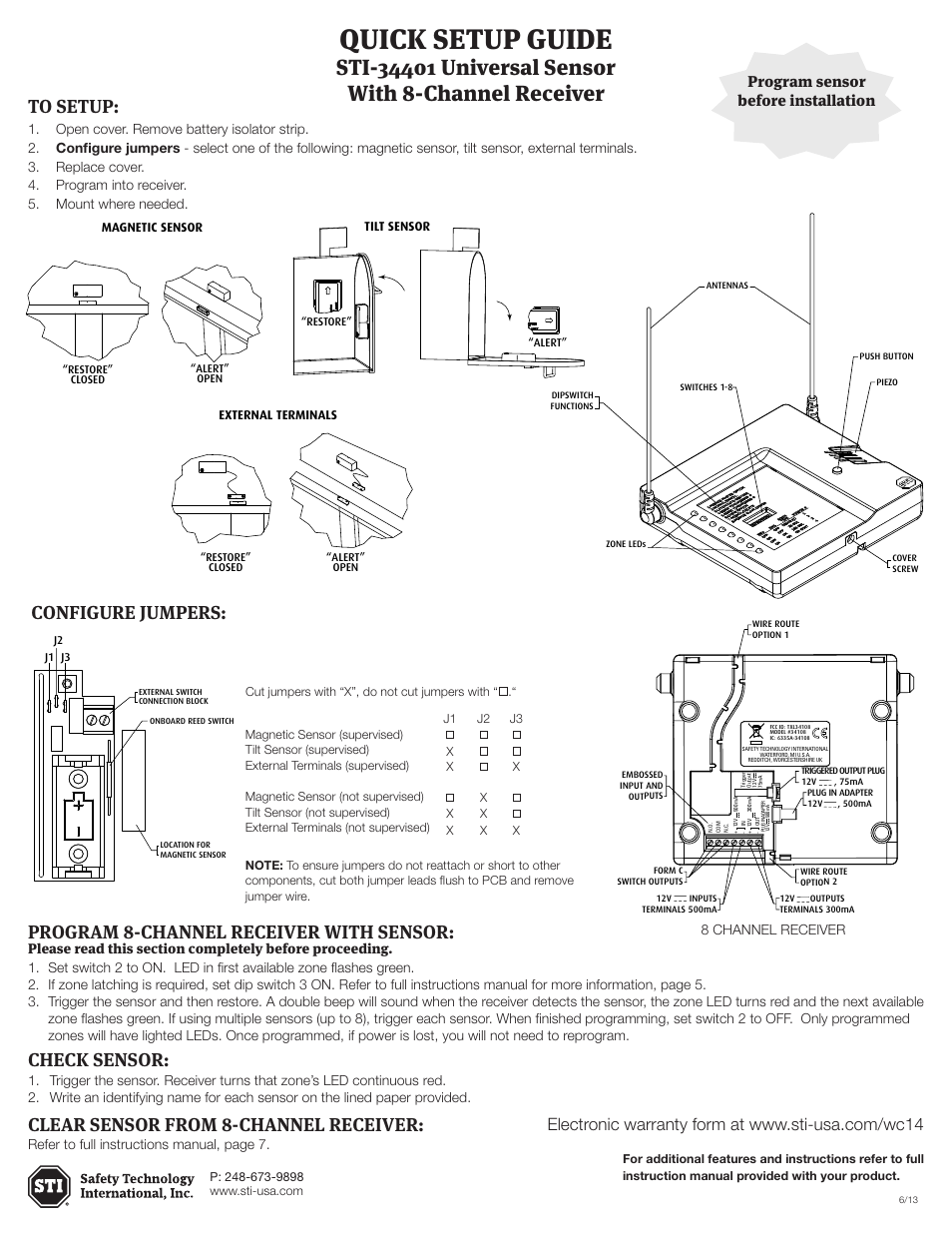 Quick setup guide, Check sensor, Clear sensor from 8-channel receiver | Embossed programming instructions, Program sensor before installation, Refer to full instructions manual, page 7, 8 channel receiver, Magnetic sensor, Tilt sensor external terminals, Multliple systems | STI 34108 User Manual | Page 2 / 2