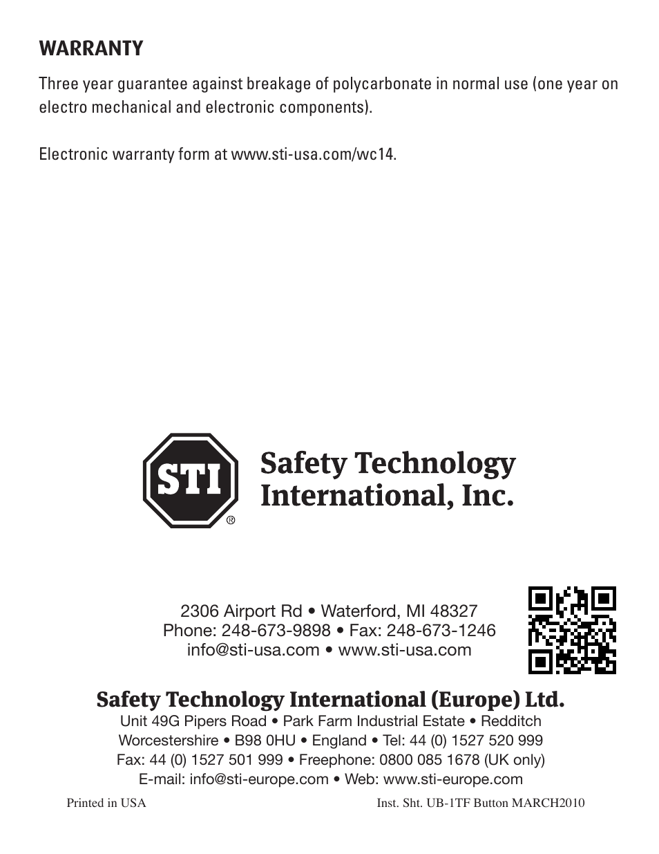 Safety technology international (europe) ltd, Warranty | STI UB-1TF User Manual | Page 8 / 8