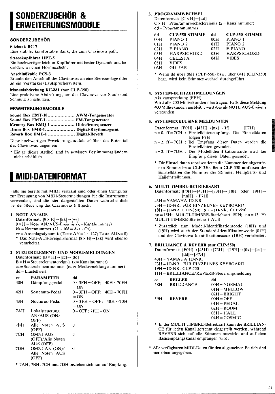 Sonderzubehör & erweiterungsmodule, I midi-datenformat, Midi data format | Midi-datenformat | Yamaha CLP-350 User Manual | Page 15 / 19