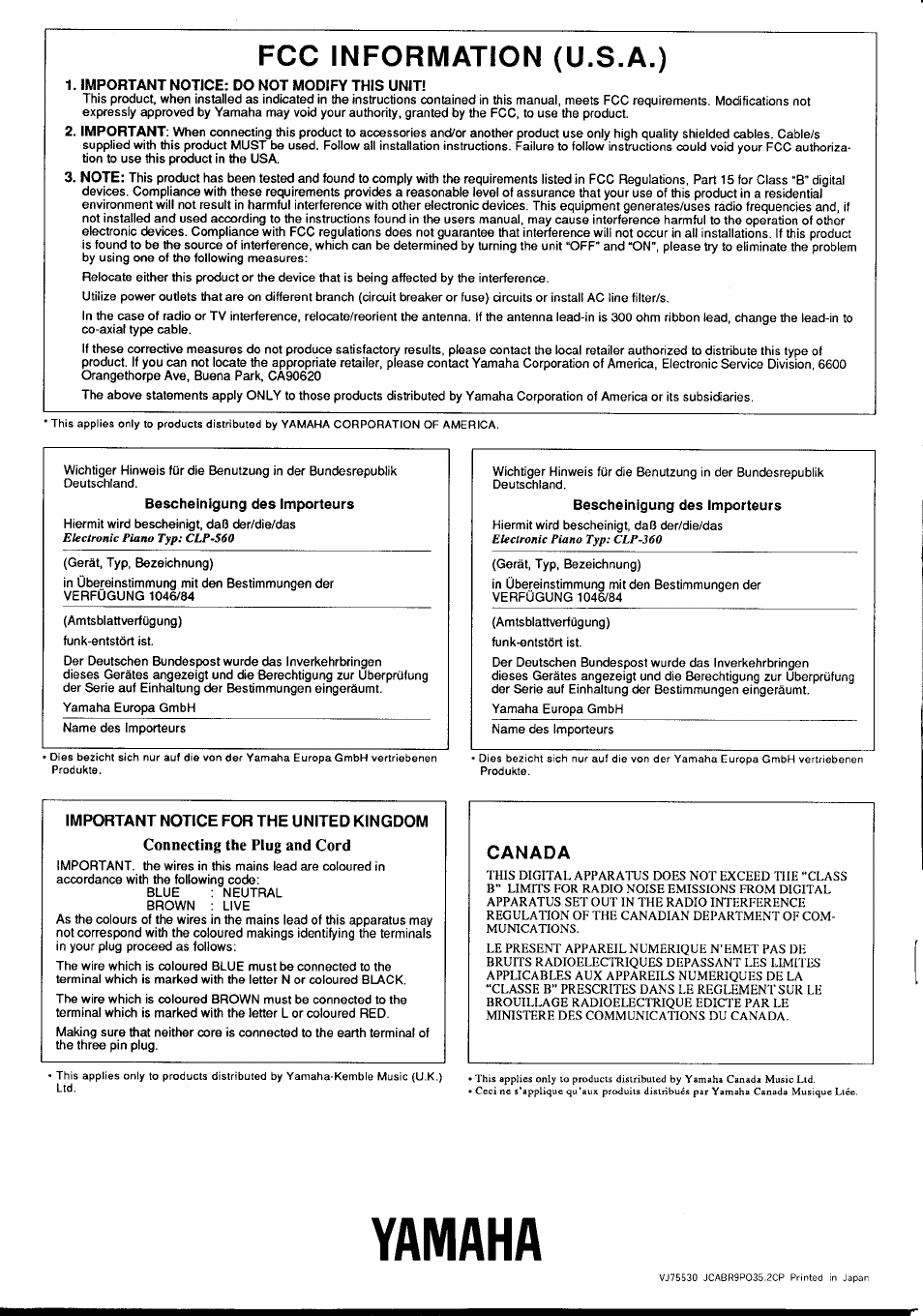 Fcc information (u.s.a.), Important notice: do not modify this unit, Important notice for the united kingdom | Connecting the plug and cord, Canada, Yamaha | Yamaha Clavinova CLP-360 User Manual | Page 28 / 28