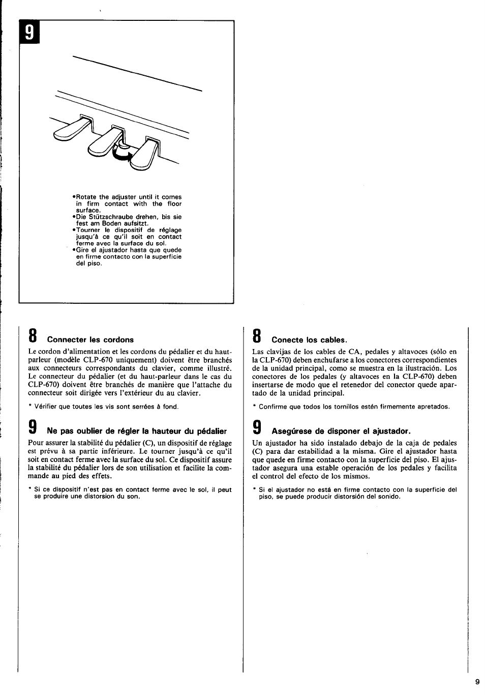 Connecter les cordons, W ne pas oublier de régler la hauteur du pédalier, Conecte los cables | W asegúrese de disponer el ajustador | Yamaha CLP-570 User Manual | Page 11 / 24