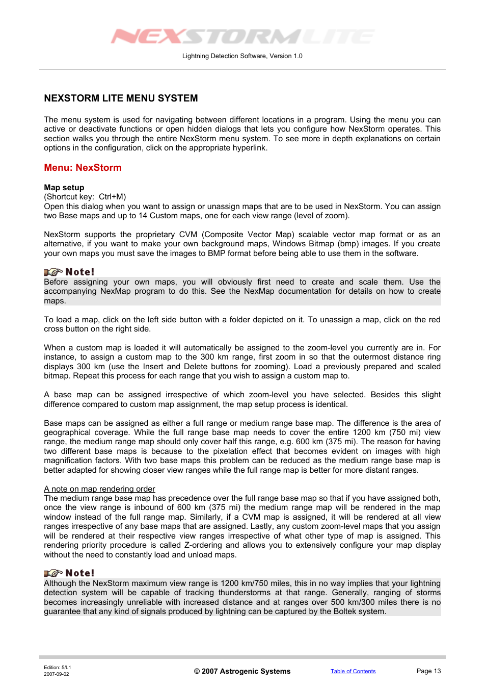 Nexstorm lite menu system, Menu: nexstorm, Map setup | Boltek NexStorm Lite User Manual | Page 13 / 52