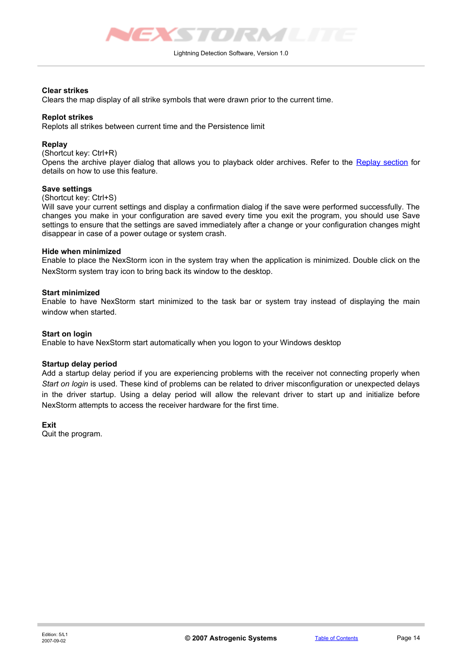 Clear strikes, Replot strikes, Replay | Save settings, Hide when minimized, Start minimized, Start on login, Startup delay period, Exit | Boltek NexStorm Lite User Manual | Page 14 / 52