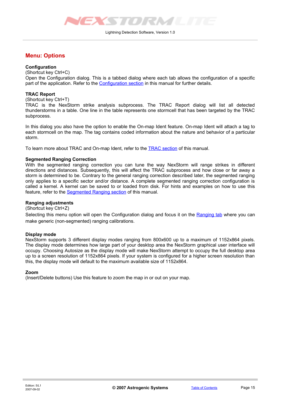 Menu: options, Configuration, Trac report | Segmented ranging correction, Ranging adjustments, Display mode, Zoom | Boltek NexStorm Lite User Manual | Page 15 / 52