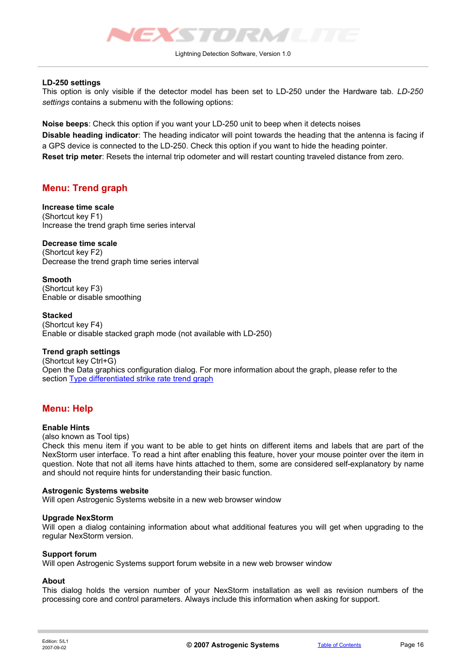 Ld-250 settings, Menu: trend graph, Increase time scale | Decrease time scale, Smooth, Stacked, Trend graph settings, Menu: help, Enable hints, Astrogenic systems website | Boltek NexStorm Lite User Manual | Page 16 / 52