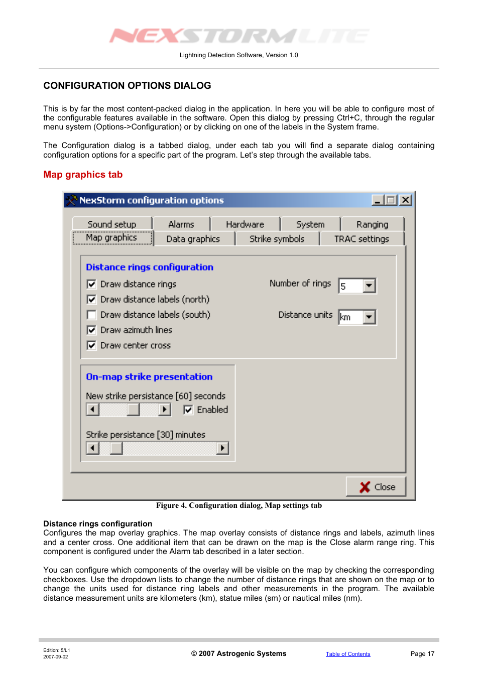 Configuration options dialog, Map graphics tab, Distance rings configuration | Configuration section | Boltek NexStorm Lite User Manual | Page 17 / 52