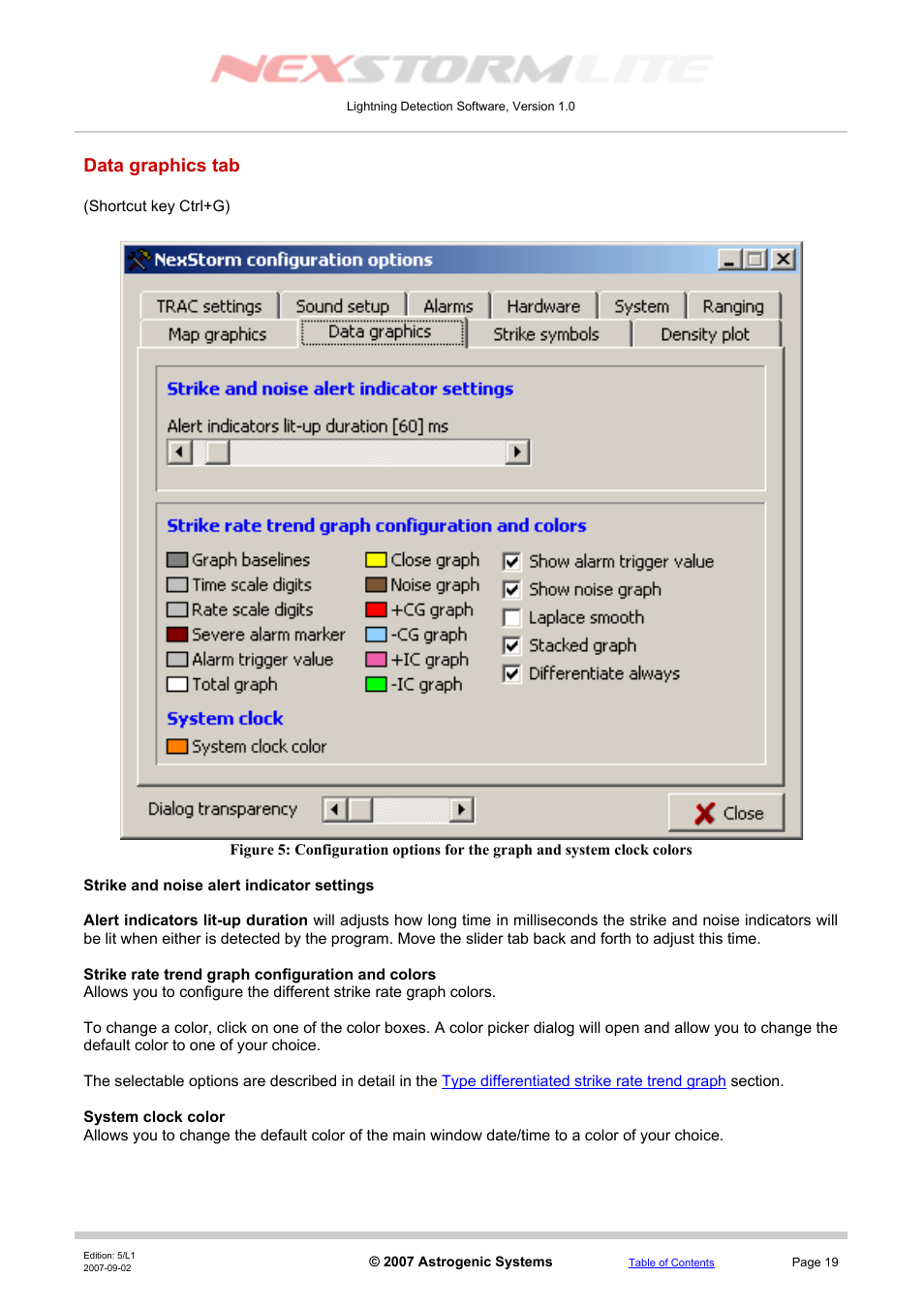 Data graphics tab, Strike and noise alert indicator settings, Strike rate trend graph configuration and colors | System clock color | Boltek NexStorm Lite User Manual | Page 19 / 52