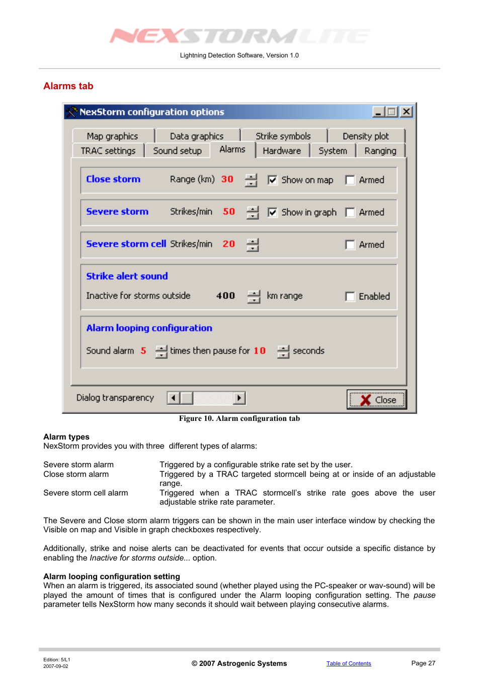 Alarms tab, Alarm types, Alarm looping configuration setting | Boltek NexStorm Lite User Manual | Page 27 / 52