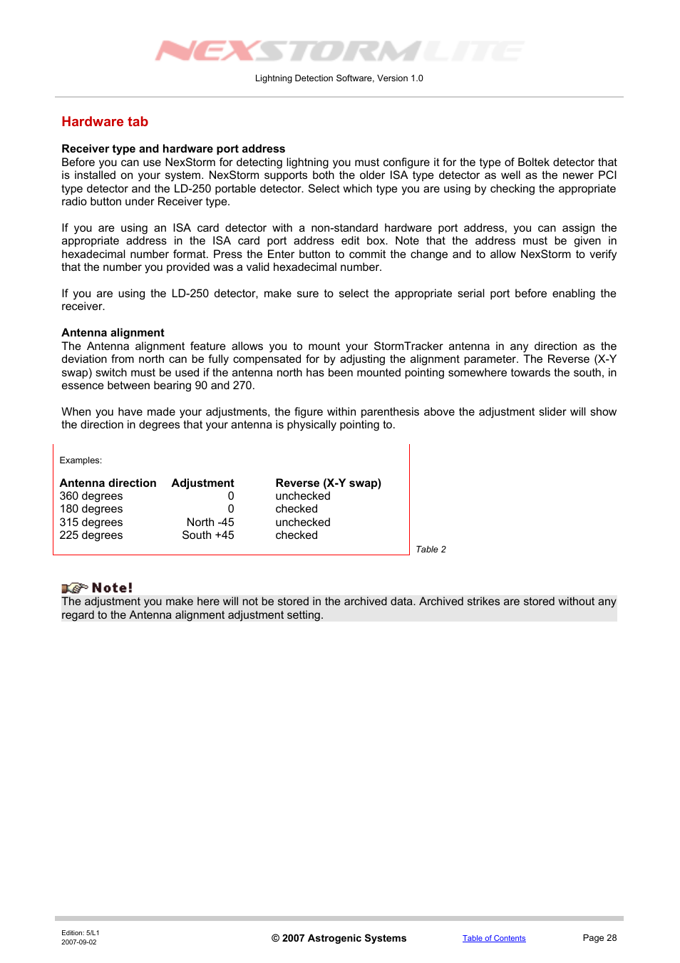 Hardware tab, Receiver type and hardware port address, Antenna alignment | Boltek NexStorm Lite User Manual | Page 28 / 52