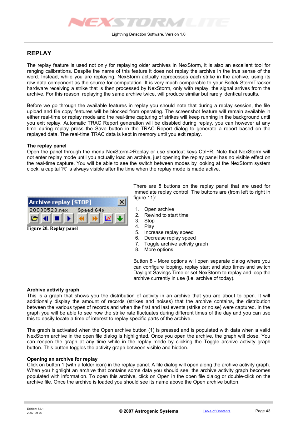 Replay, The replay panel, Archive activity graph | Opening an archive for replay, Replay section | Boltek NexStorm Lite User Manual | Page 43 / 52