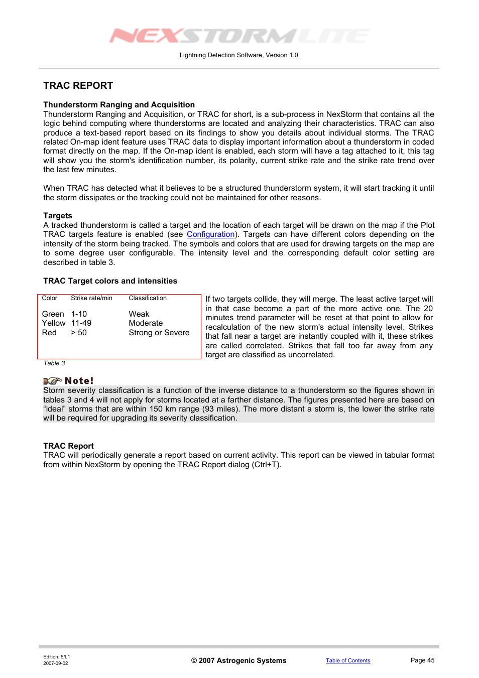 Trac report, Thunderstorm ranging and acquisition, Targets | Trac target colors and intensities, Trac section | Boltek NexStorm Lite User Manual | Page 45 / 52