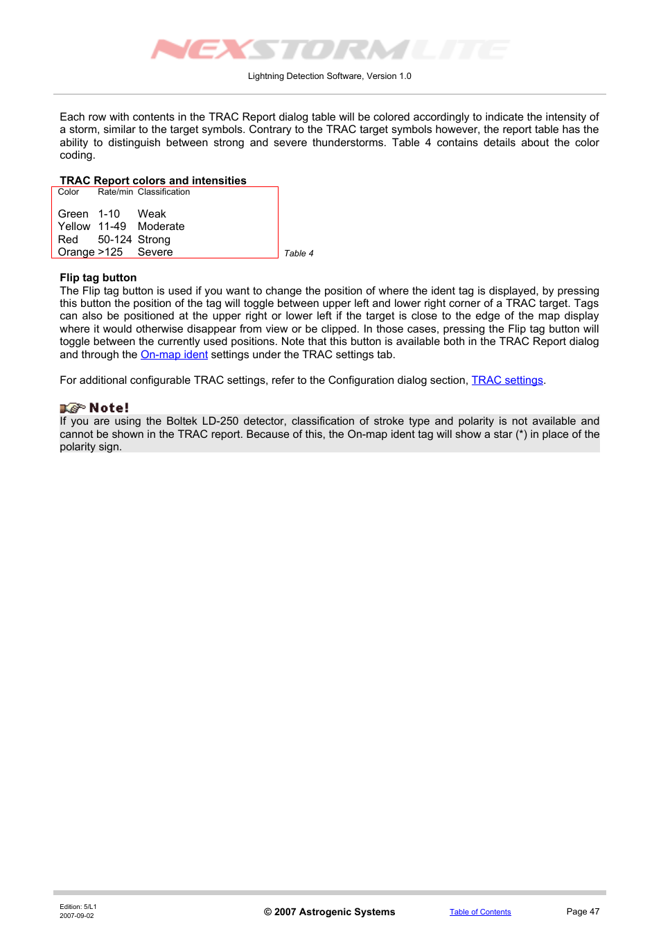 Trac report colors and intensities, Flip tag button, Trac report section, flip tag button | Boltek NexStorm Lite User Manual | Page 47 / 52