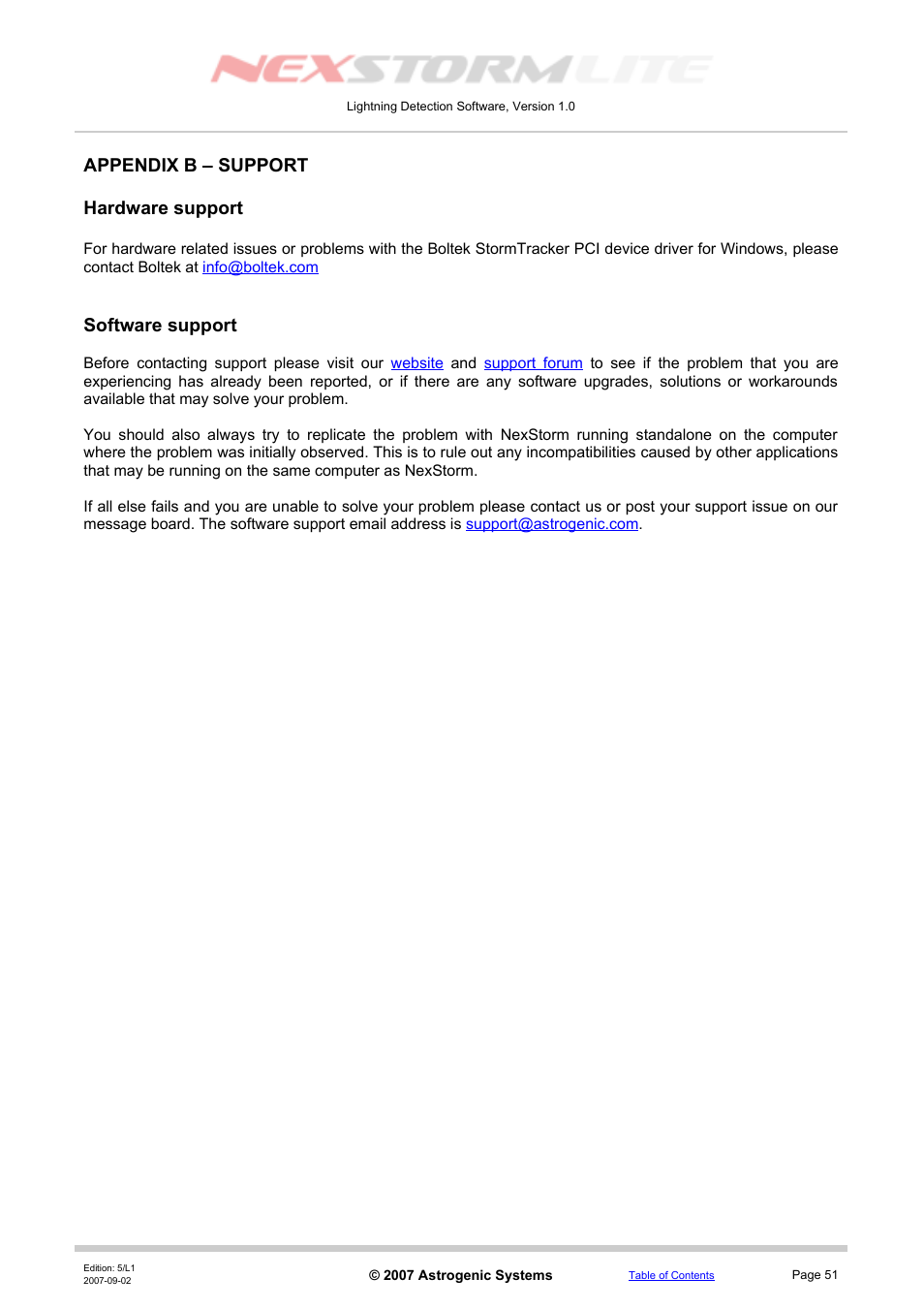 Appendix b – support, Hardware support, Software support | Appendix b – support hardware support | Boltek NexStorm Lite User Manual | Page 51 / 52