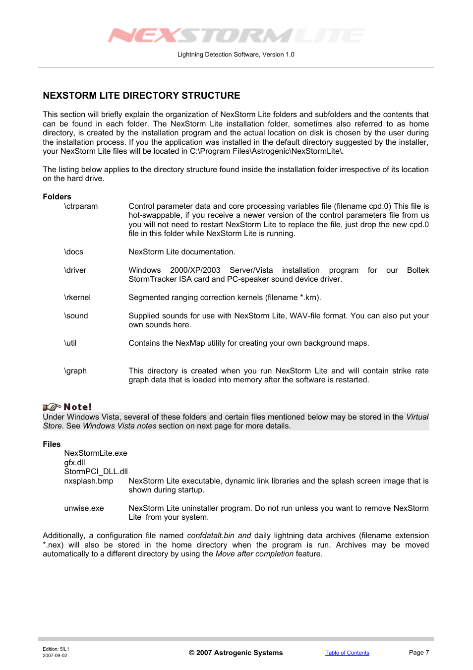 Nexstorm lite directory structure, Folders, Files | Boltek NexStorm Lite User Manual | Page 7 / 52