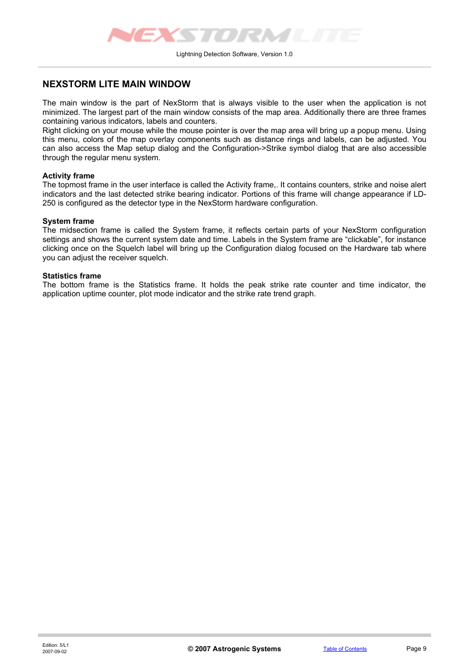 Nexstorm lite main window, Activity frame, System frame | Statistics frame | Boltek NexStorm Lite User Manual | Page 9 / 52