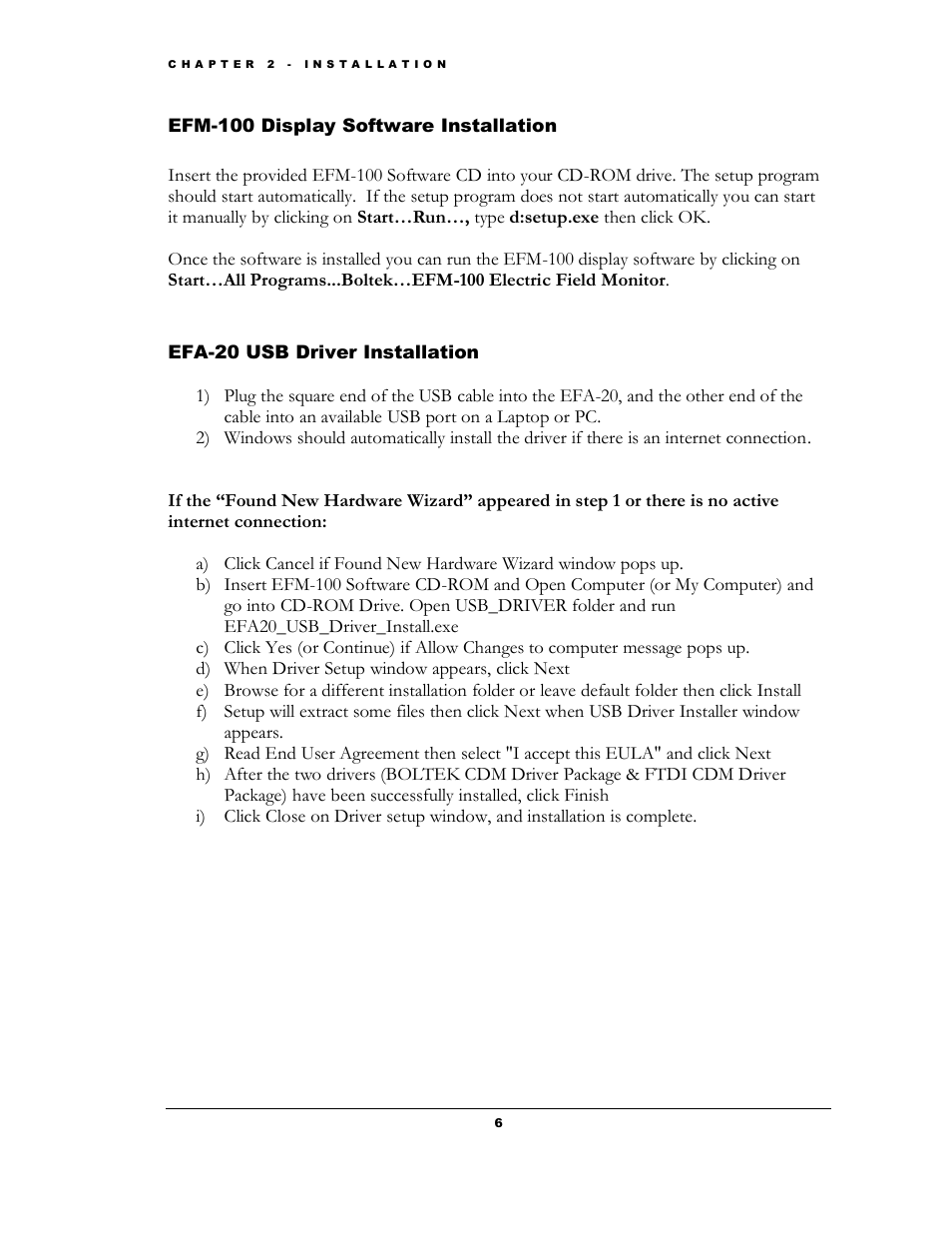 Efm-100, Isplay, Oftware | Nstallation, Efa-20, River | Boltek EFM-100 v.1 User Manual | Page 12 / 52