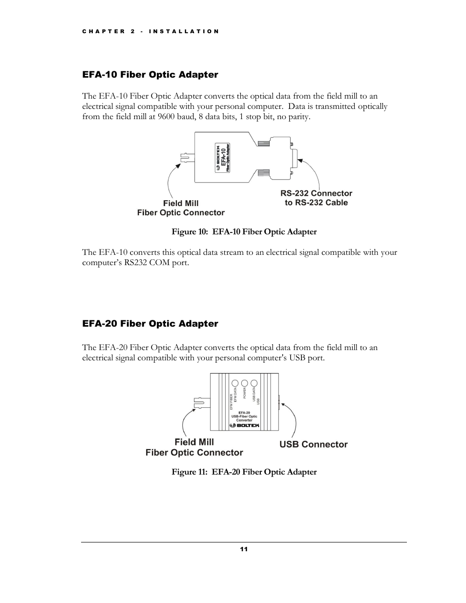 Efa-10, Iber, Ptic | Dapter, Efa-20, Figure 10: efa-10 fiber optic adapter, Figure 11: efa-20 fiber optic adapter | Boltek EFM-100 v.1 User Manual | Page 17 / 52