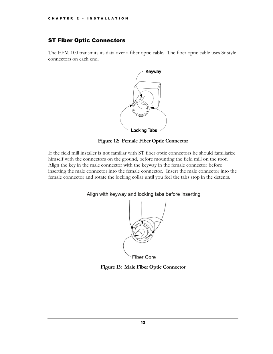 Iber, Ptic, Onnectors | Figure 12: female fiber optic connector, Figure 13: male fiber optic connector | Boltek EFM-100 v.1 User Manual | Page 18 / 52