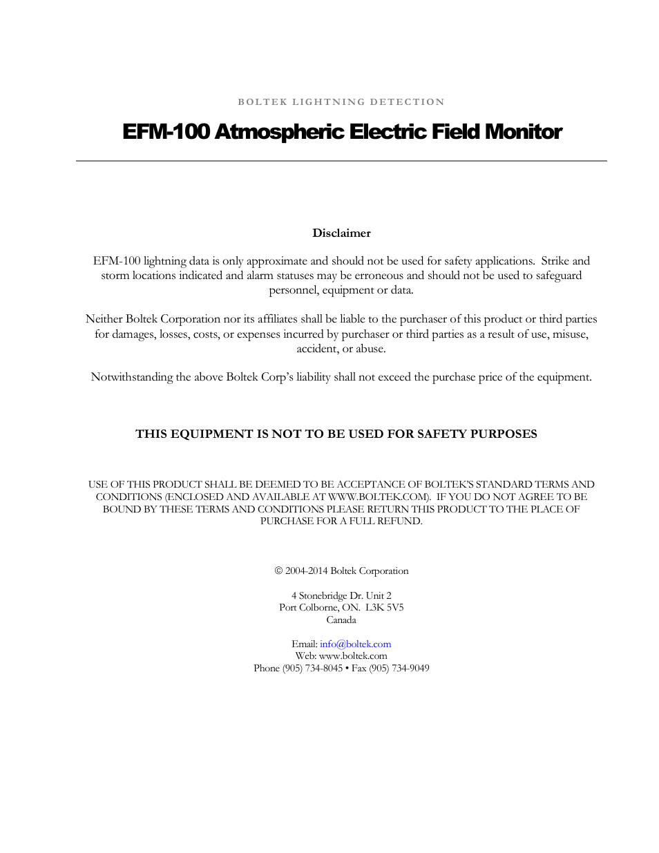 Efm-100 atmospheric electric field monitor | Boltek EFM-100 v.1 User Manual | Page 2 / 52