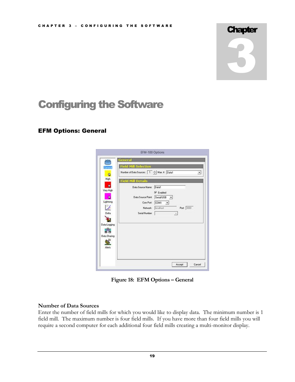 Configuring the software, Ptions, Eneral | Figure 18: efm options – general | Boltek EFM-100 v.1 User Manual | Page 25 / 52