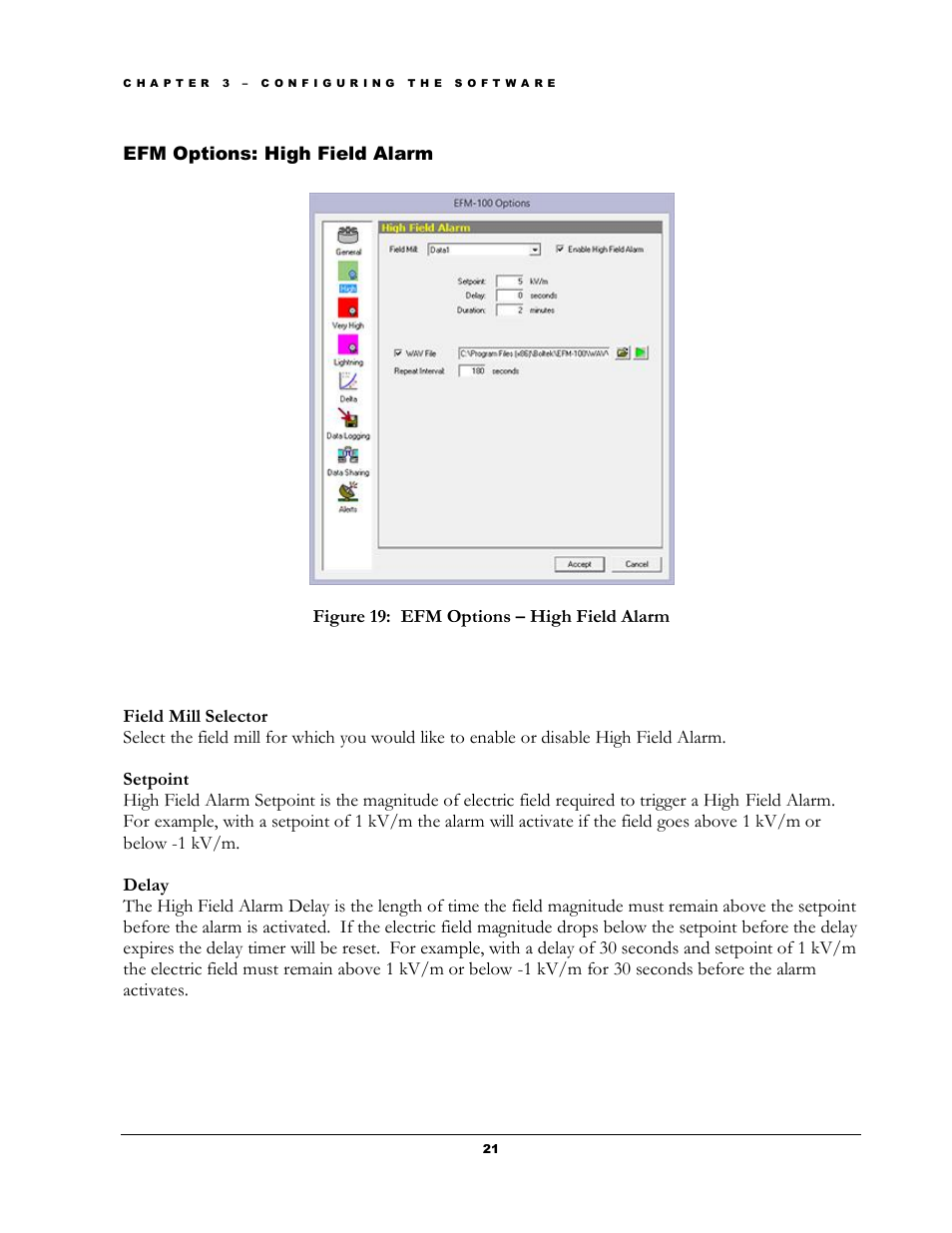 Ptions, Ield, Larm | Figure 19: efm options – high field alarm | Boltek EFM-100 v.1 User Manual | Page 27 / 52