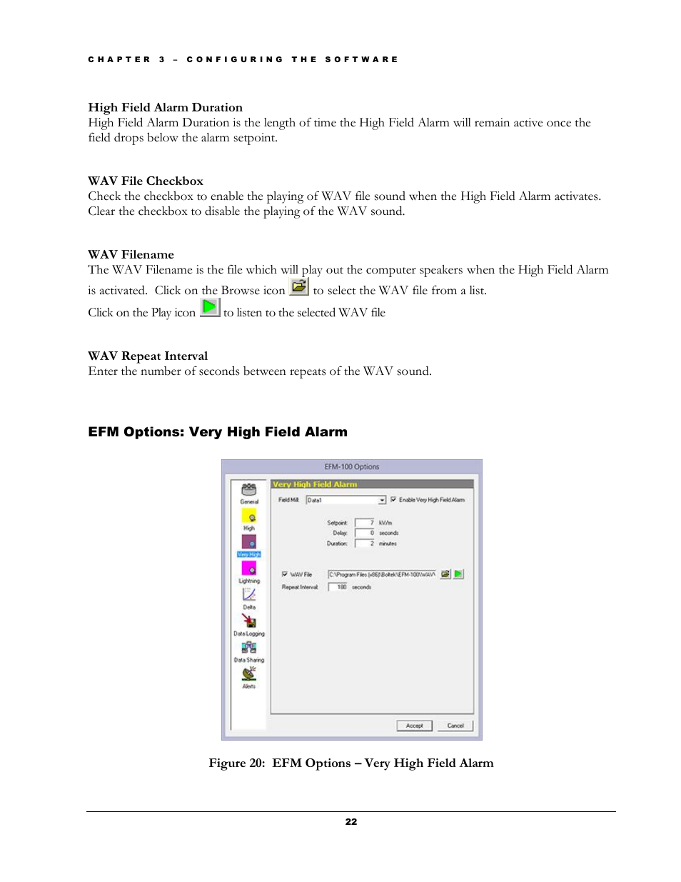 Ptions, Ield, Larm | Figure 20: efm options – very high field alarm | Boltek EFM-100 v.1 User Manual | Page 28 / 52