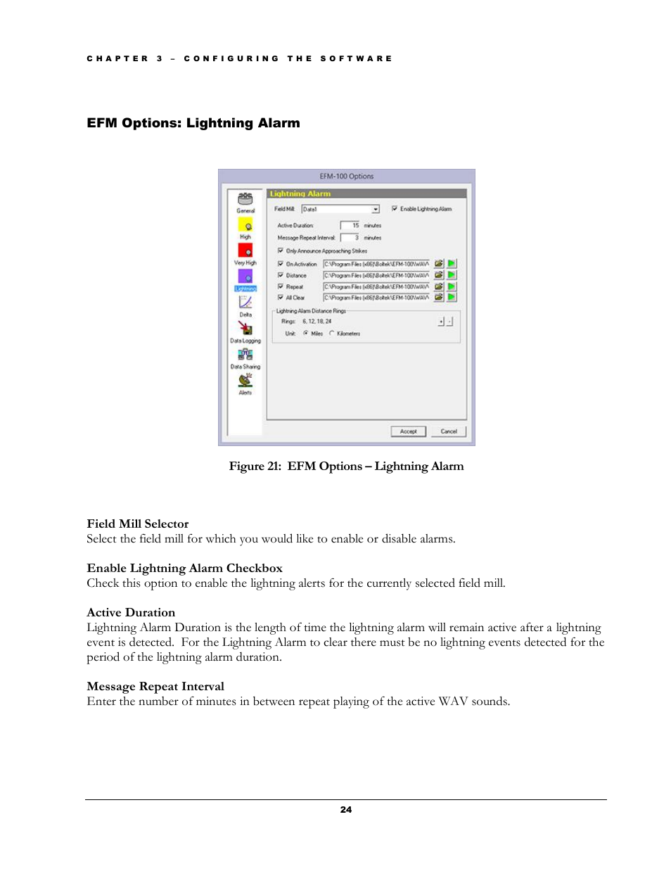 Ptions, Ightning, Larm | Figure 21: efm options – lightning alarm | Boltek EFM-100 v.1 User Manual | Page 30 / 52